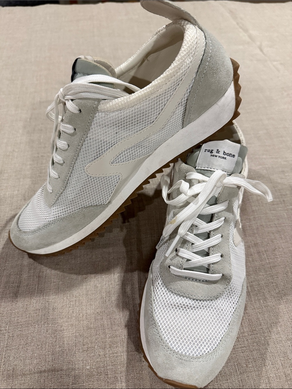 rag & bone Retro Runner White Mesh & Suede Sneakers, Gum Sole, size 41